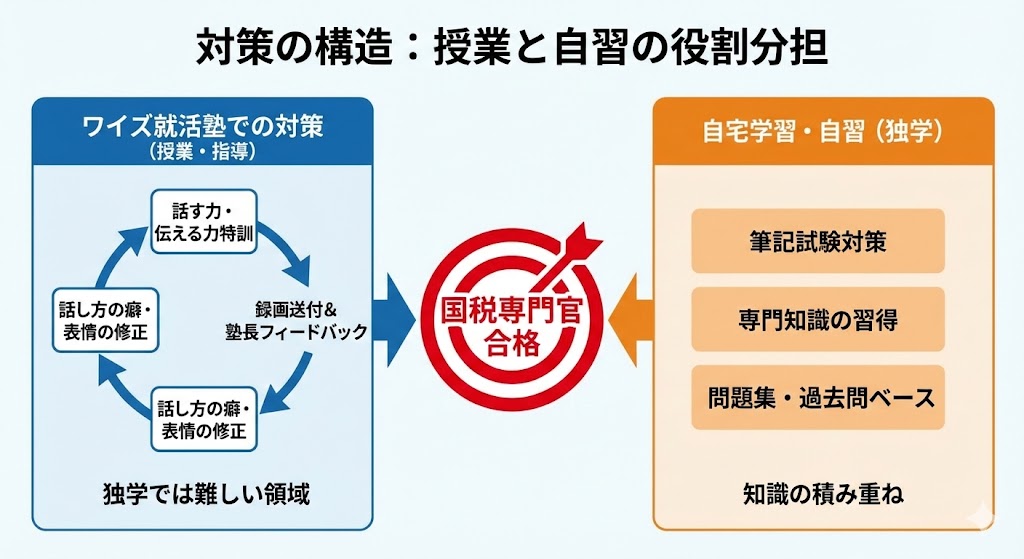 大阪ワイズ就活塾の国税専門官対策における授業と自習の役割分担図。面接練習の録画フィードバックによる指導と、自宅での筆記対策の相乗効果について。