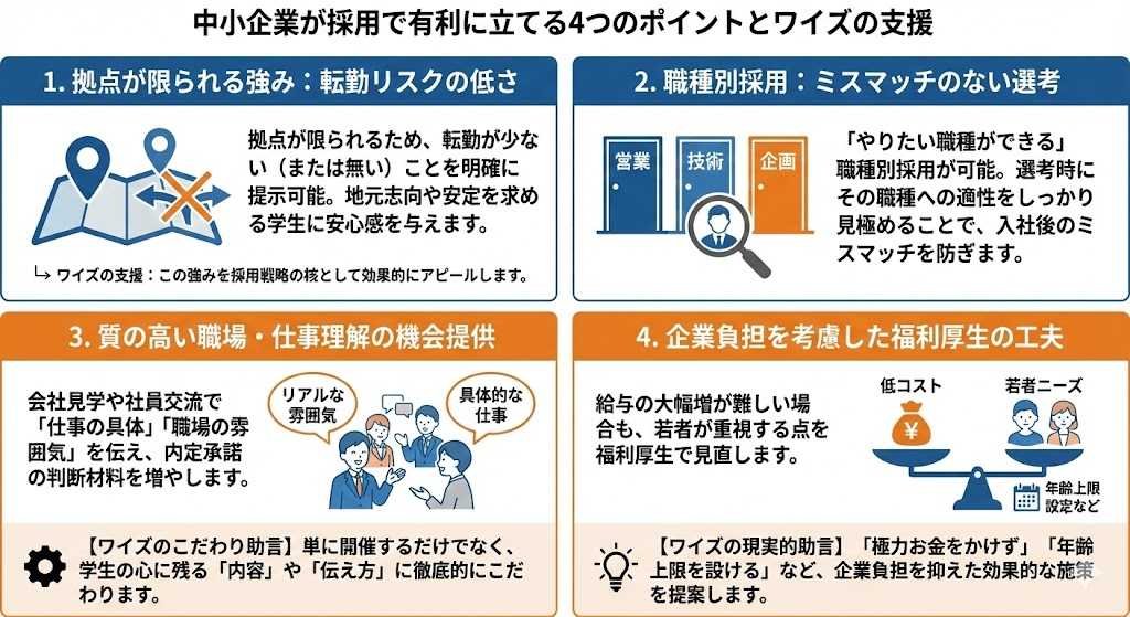 中小企業が新卒採用で有利になる4つのポイント（転勤の少なさ、職種別採用、職場理解の促進、低コストな福利厚生改善）とワイズ就活塾の支援内容。