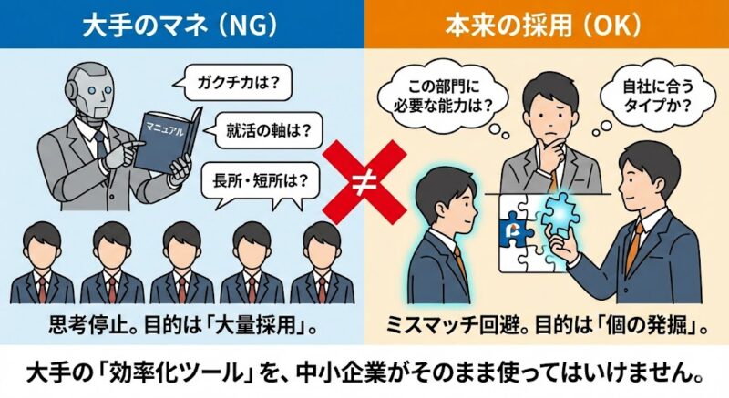 【図解】採用手法の比較:左側は「大手のマネ(NG)」。ロボットがマニュアルで「ガクチカ」等を質問する思考停止の大量採用。右側は「本来の採用(OK)」。面接官が自社に必要な人材を考え、パズルのピースを合わせるように個を発掘する様子。結論として、中小企業が大手の効率化ツールをそのまま使う危険性を示している。
