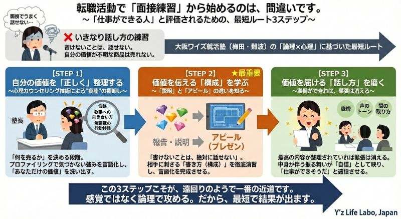 転職活動で「いきなり面接練習」から始める間違いと、大阪ワイズ就活塾(梅田・難波)が提唱する「論理×心理」に基づいた最短ルート3ステップの図解。Step1で強みの棚卸し、Step2で伝える構成の習得(最重要)、Step3で話し方の技術を磨くという順序により、準備不足による緊張をなくし「仕事ができる人」と評価されるプロセスを解説している。