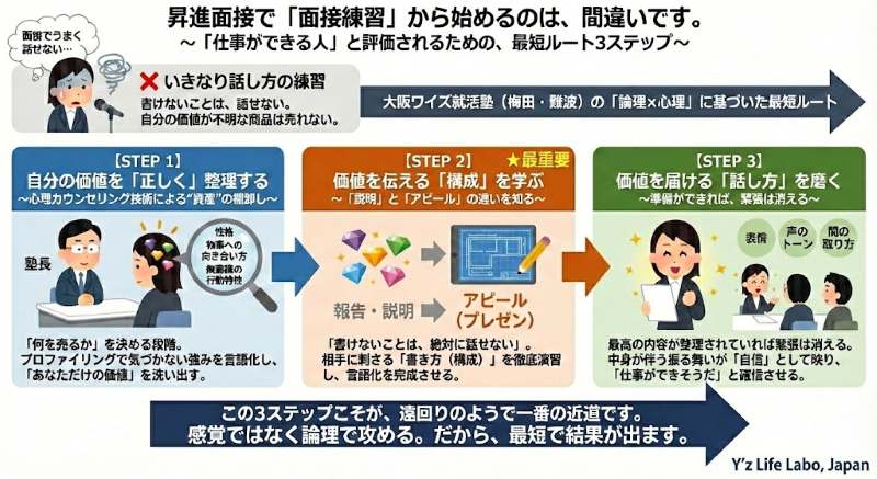昇進面接で「いきなり面接練習」から始める間違いと、「論理×心理」に基づいた最短ルート3ステップの図解。Step1で自分の価値・強みの棚卸し、Step2でアピール構成の習得（最重要）、Step3で話し方の技術を磨くという順序により、準備不足による緊張をなくし「仕事ができる人」と評価されるプロセスを解説している。大阪ワイズ就活塾（Y'z Life Labo, Japan）提供。