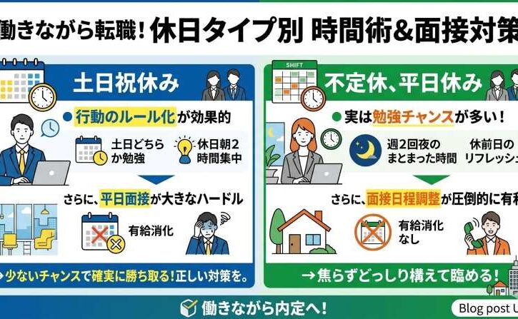働きながら転職活動を行う社会人向けの「休日タイプ別 時間術と面接対策」の図解。土日祝休みの人は行動のルール化と少ない面接チャンスを活かす対策、不定休・平日休みの人は週2回の勉強チャンスと面接日程調整の有利さについて解説しています。
