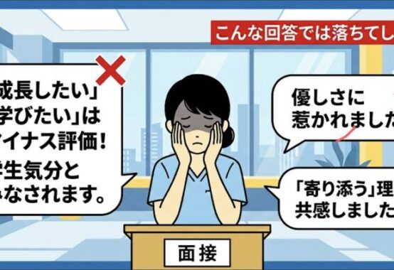看護師の就職面接で不採用になるNGな回答例を図解したアイキャッチ画像。「優しさに惹かれた」「学びたい・成長したい」といった学生気分の志望動機がマイナス評価になることを示しています。
