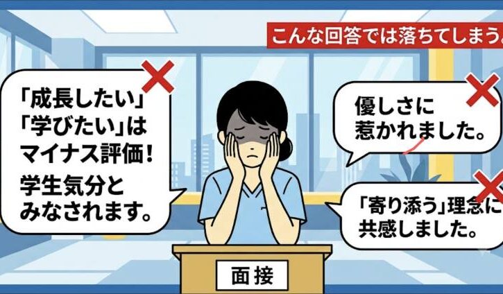 看護師の就職面接で不採用になるNGな回答例を図解したアイキャッチ画像。「優しさに惹かれた」「学びたい・成長したい」といった学生気分の志望動機がマイナス評価になることを示しています。