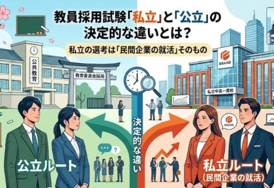 教員採用試験の私立と公立の決定的な違いを解説する図解。私立学校の面接選考は民間企業の就活そのものであり、公立とは見られているポイントや倍率が大きく異なることを示しています。