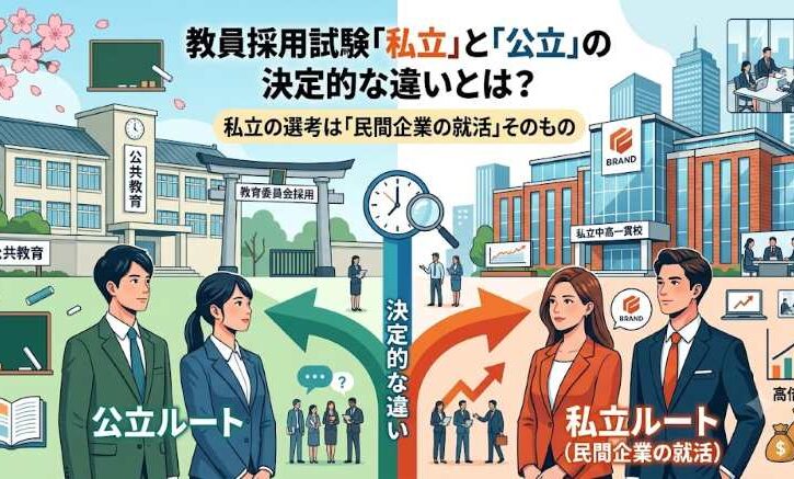 教員採用試験の私立と公立の決定的な違いを解説する図解。私立学校の面接選考は民間企業の就活そのものであり、公立とは見られているポイントや倍率が大きく異なることを示しています。