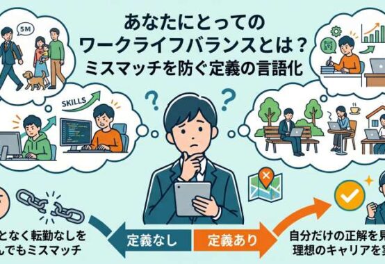 転勤なしのメリットを考える前に、一人ひとりで異なるワークライフバランスの定義を言語化することの重要性を図解したアイキャッチ画像。3つの具体例(17時退社、スキル習得・独立、リモートワーク)と思考する就活生を描写。