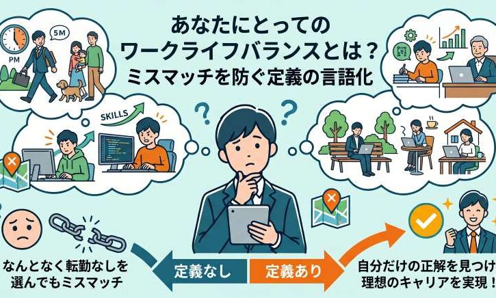 転勤なしのメリットを考える前に、一人ひとりで異なるワークライフバランスの定義を言語化することの重要性を図解したアイキャッチ画像。3つの具体例（17時退社、スキル習得・独立、リモートワーク）と思考する就活生を描写。