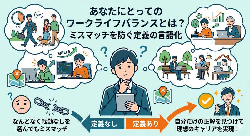 転勤なしのメリットを考える前に、一人ひとりで異なるワークライフバランスの定義を言語化することの重要性を図解したアイキャッチ画像。3つの具体例(17時退社、スキル習得・独立、リモートワーク)と思考する就活生を描写。