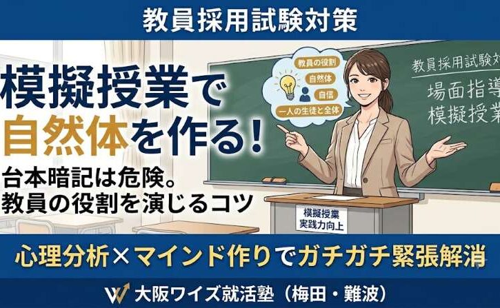 教員採用試験対策のための模擬授業と場面指導のコツを解説する、大阪ワイズ就活塾（梅田・難波）のイラストアイキャッチ画像。「模擬授業で自然体を作る！」という大きなテキストと、自信を持って授業をする女性、そして心理分析とマインド作りの重要性を伝える文字が配置されている。