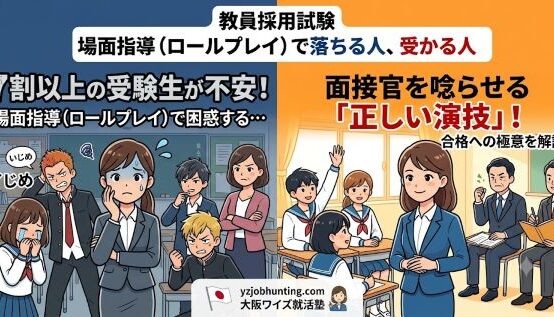 教員採用試験の場面指導(ロールプレイ)対策を解説する、大阪ワイズ就活塾(梅田・難波)のイラストアイキャッチ画像。左側には「7割以上の受験生が不安を感じる困難な場面」に直面する様子、右側には「理論武装した正しい演技で面接官を唸らせる受験生」の対比図が配置されている。