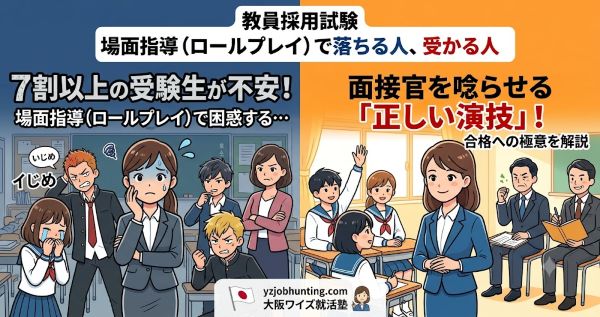 教員採用試験の場面指導(ロールプレイ)対策を解説する、大阪ワイズ就活塾(梅田・難波)のイラストアイキャッチ画像。左側には「7割以上の受験生が不安を感じる困難な場面」に直面する様子、右側には「理論武装した正しい演技で面接官を唸らせる受験生」の対比図が配置されている。