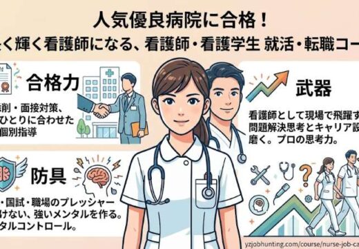 「人気優良病院に合格!長く輝く看護師になる、看護師・看護学生 就活・転職コース」のブログアイキャッチ画像。中央には笑顔の女性と男性の看護師ペア。左上にはES/面接対策の「合格力」、左下にはメンタルコントロールの「防具」、右側には問題解決・キャリア設計の「武器」を紹介するイラストパネル。下部にはYZ JobhuntingのロゴとURL